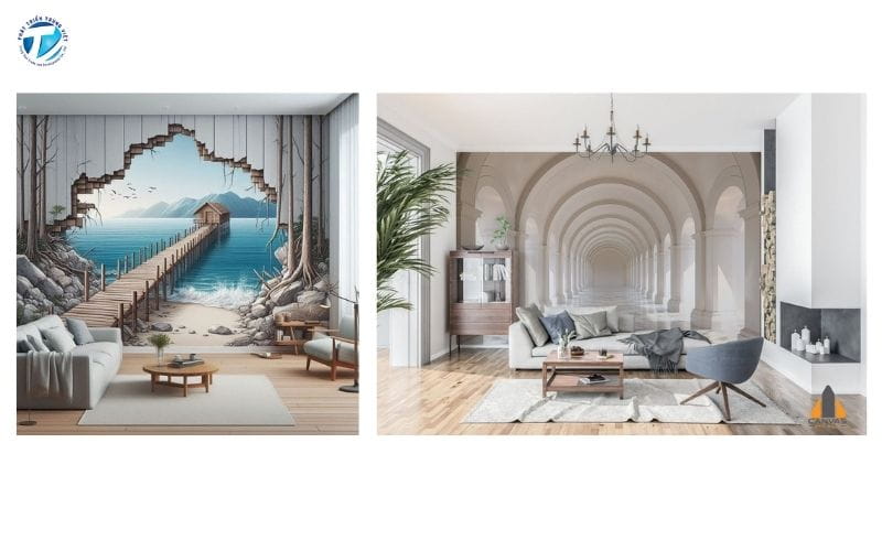 Tranh dán tường 3D phòng khách hiệu ứng chiều sâu bắt mắt